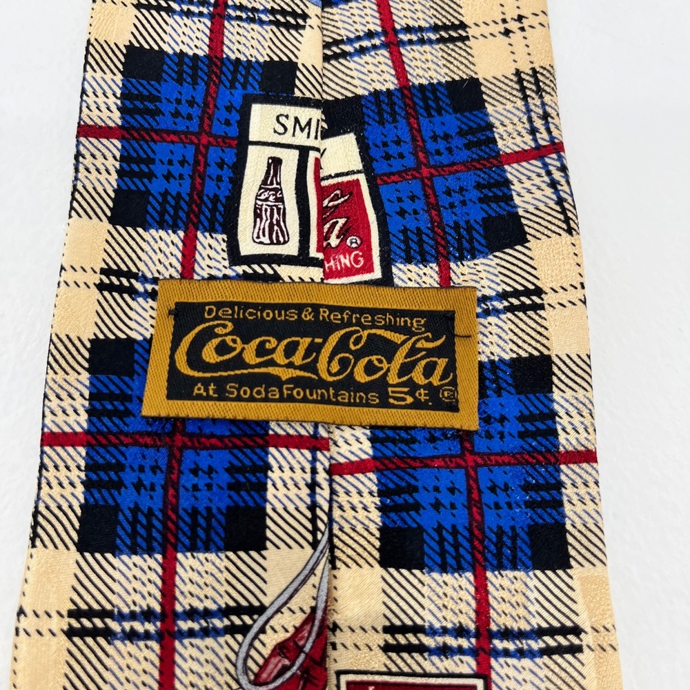 Vintage Coca-Cola Silk Tie Beige Blue Plaid 56.5" x 3.75" Stylish Classic - Picture 5 of 8
